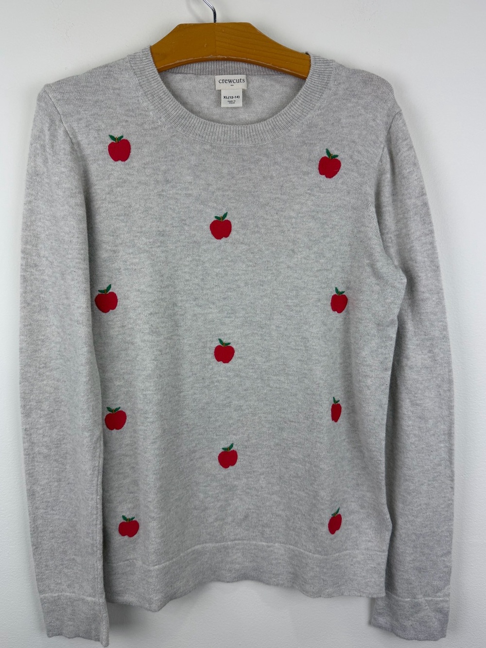 Crewcuts Embroidered Apple Gray Cotton Sweater Girls XL 12-14 Preppy